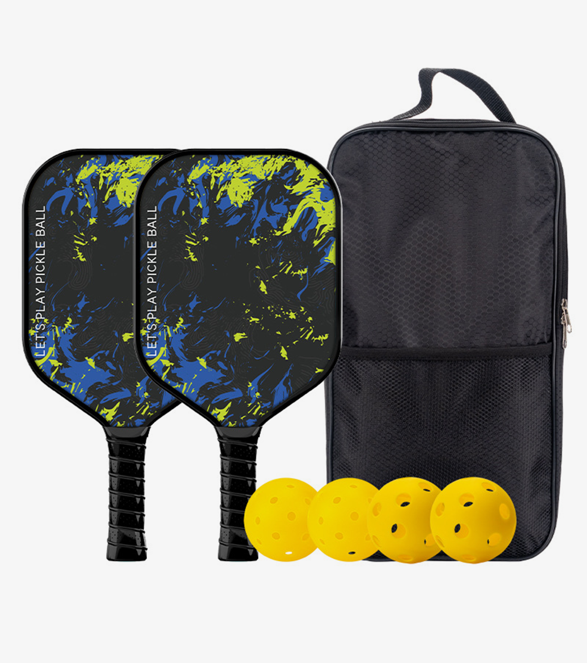 Pickleball Paddle Set- Carbon Fiber Surface, 2 Shots, 4 Pickle Ball & Paddle Cover Bag